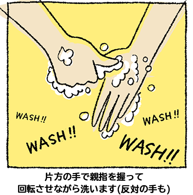片方の手で指平を握って回転させながら洗います